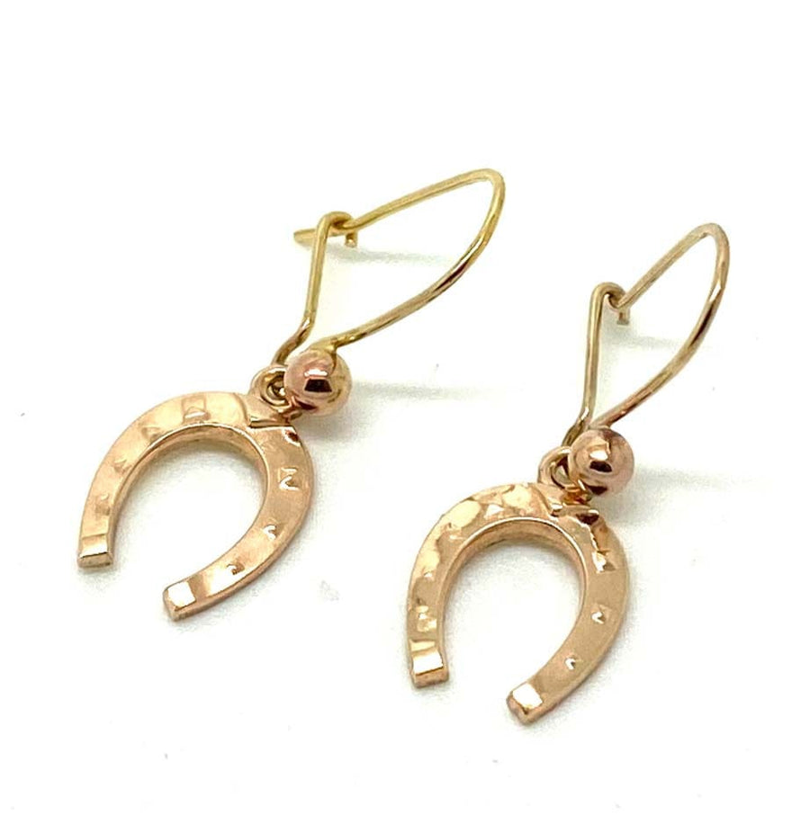 VICTORIAN Earrings Antique 1970s 9ct Rose Gold Good Luck Horseshoe Drop Earrings Mayveda Jewellery