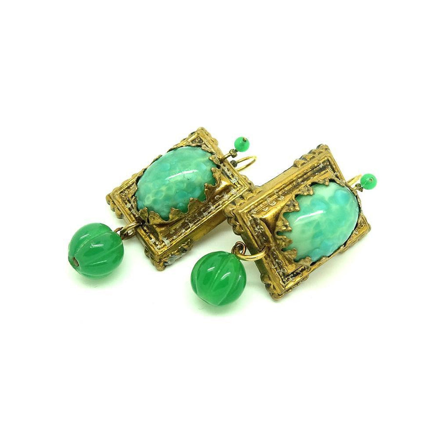 Antique Victorian Brass & Green Glass Ornate Drop Earrings