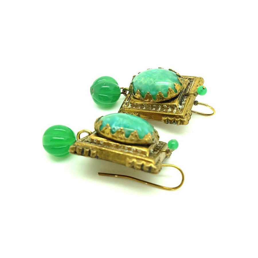 Antique Victorian Brass & Green Glass Ornate Drop Earrings