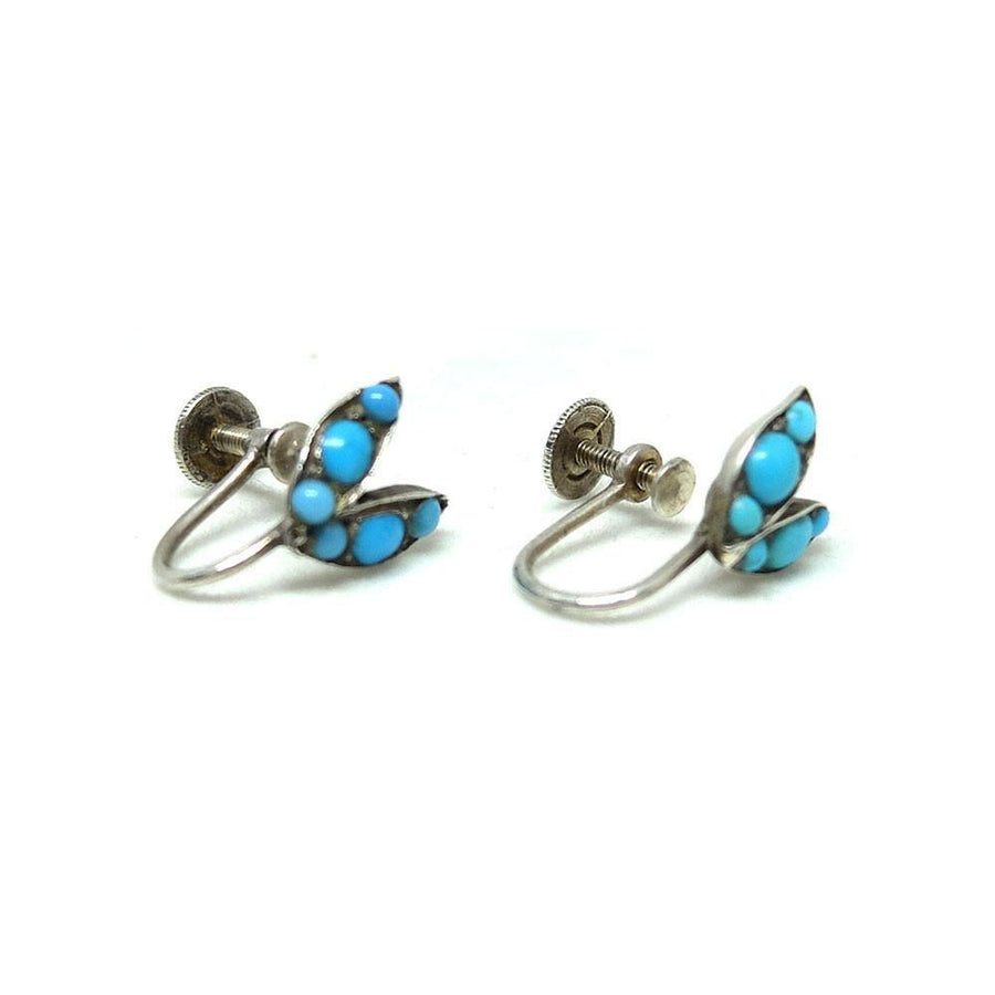 Antique Victorian Turquoise Sterling Silver Screw Leaf Gemstone Earrings