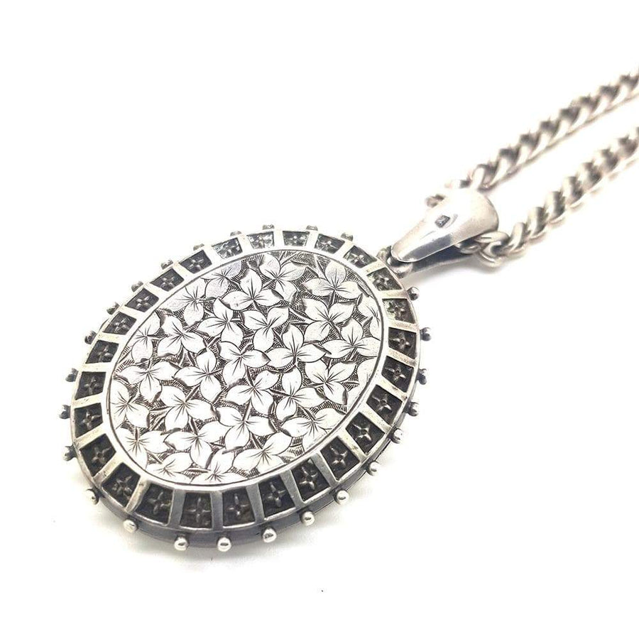 VICTORIAN Necklace Antique Victorian 1876 Sterling Silver Large Oval Ivy Locket Necklace