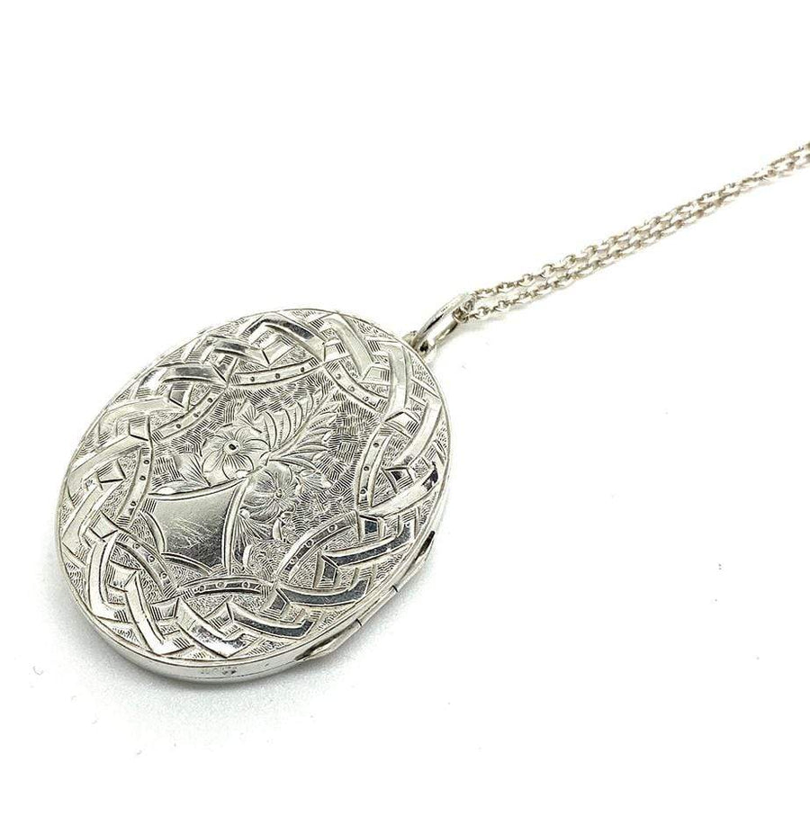 Antique Victorian Engraved Silver Locket Necklace