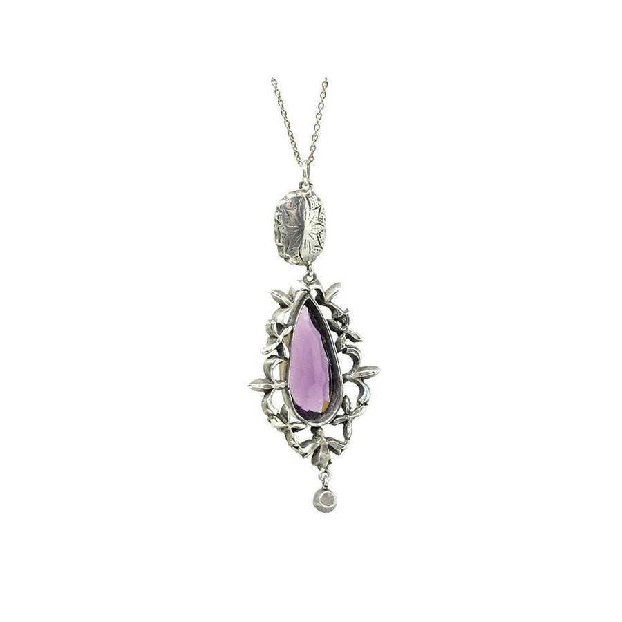 Antique Victorian French Amethyst Glass Paste Silver Pendant Necklace