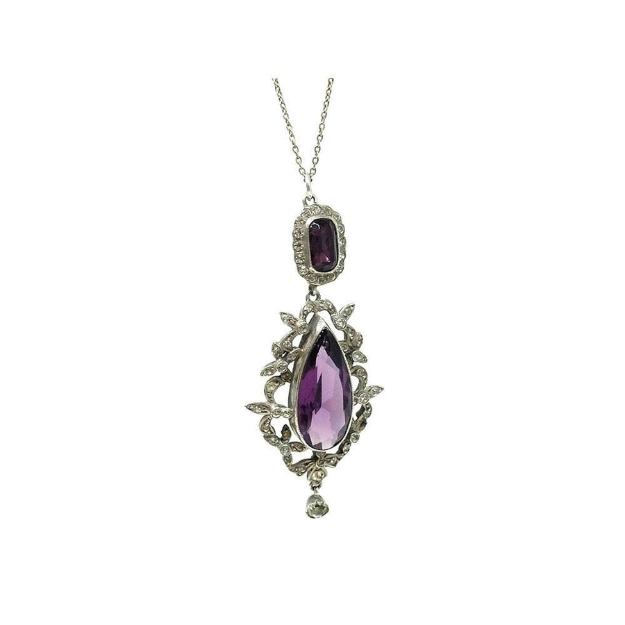 Antique Victorian French Amethyst Glass Paste Silver Pendant Necklace