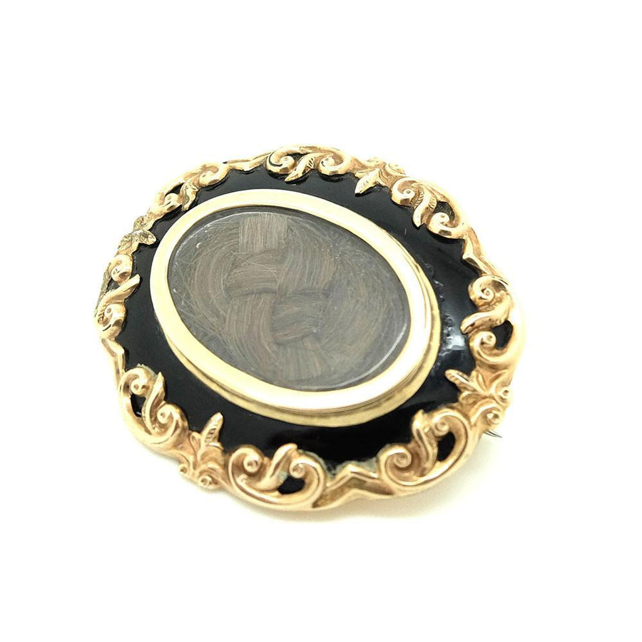 Antique Victorian Gothic Black Enamel & Gold Plated Mourning Brooch