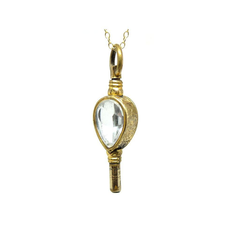 Antique Victorian Rock Crystal Engraved Watch Key Pendant Necklace