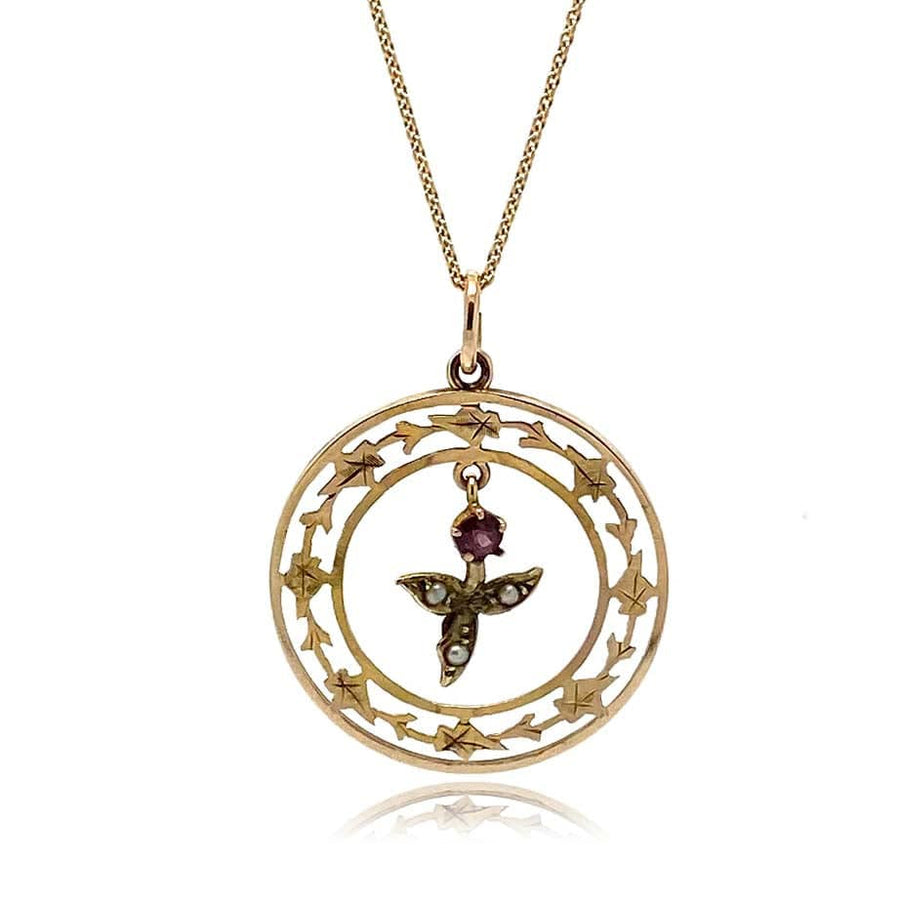 VICTORIAN Necklace Antique Victorian Ruby Pearl Ivy 9ct Gold Necklace Mayveda Jewellery