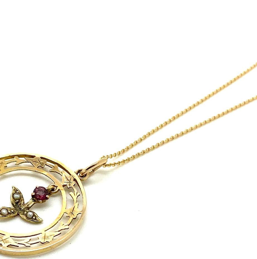 VICTORIAN Necklace Antique Victorian Ruby Pearl Ivy 9ct Gold Necklace Mayveda Jewellery