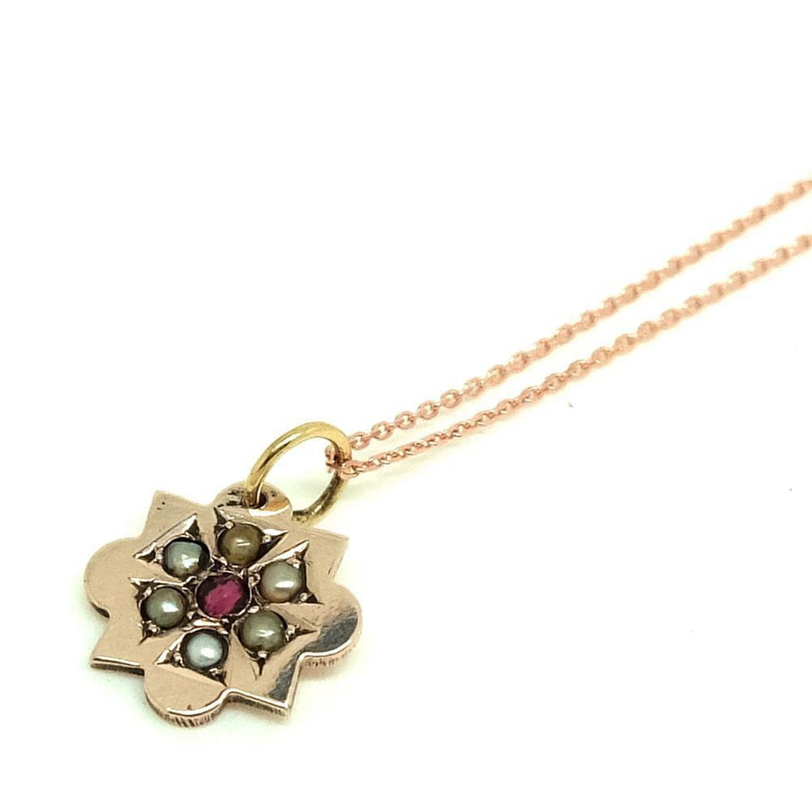 VICTORIAN Necklace Antique Victorian Ruby & Seed Pearl 9ct Rose Gold Necklace