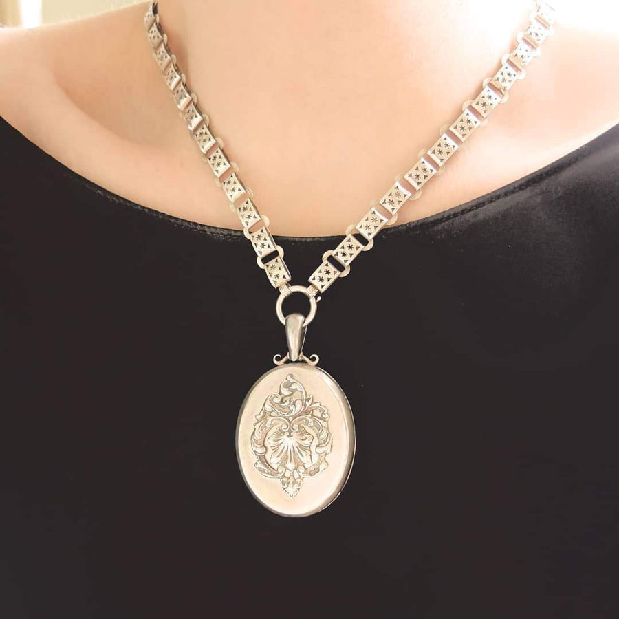 Antique Victorian Silver Star Locket Collar Chain Necklace