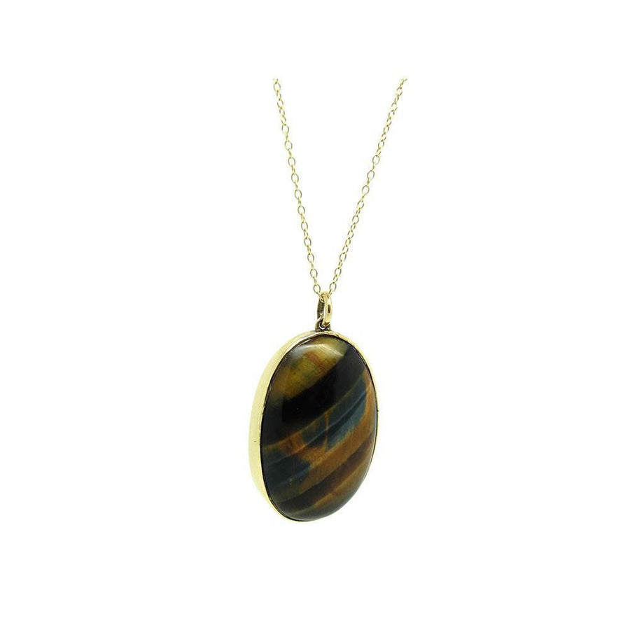 Antique Victorian Tigers Eye 9ct Gold Pendant Necklace