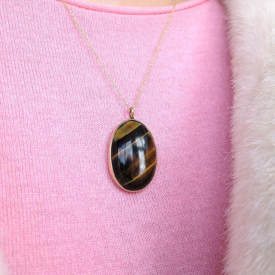 Antique Victorian Tigers Eye 9ct Gold Pendant Necklace