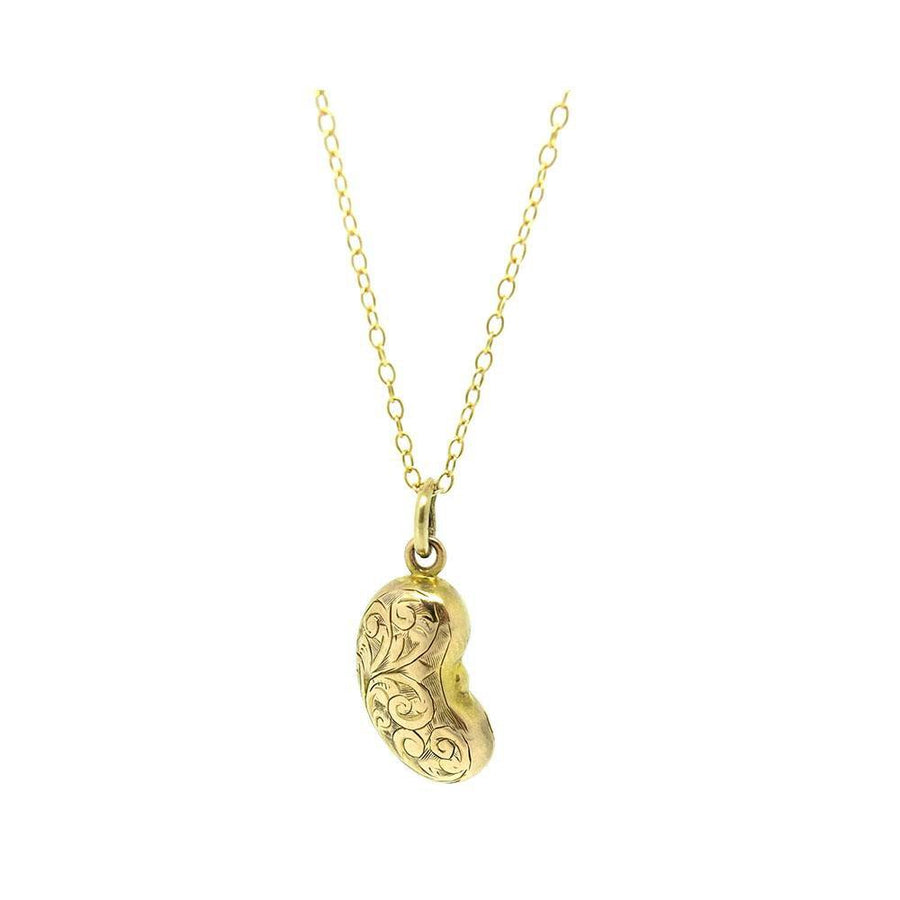 Reserved - Antique Victorian Lucky Bean Engraved 9ct Gold Charm Necklace