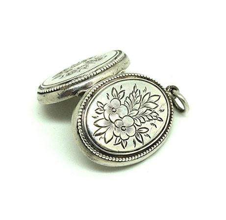 SOLD - Grace -Antique Victorian Engraved Oval Silver Flower Locket Necklace