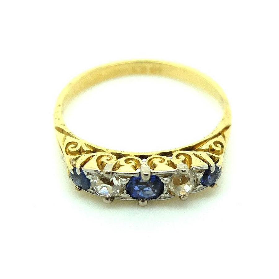 Antique Victorian 18ct Diamond & Blue Sapphire Ring - SIZE M
