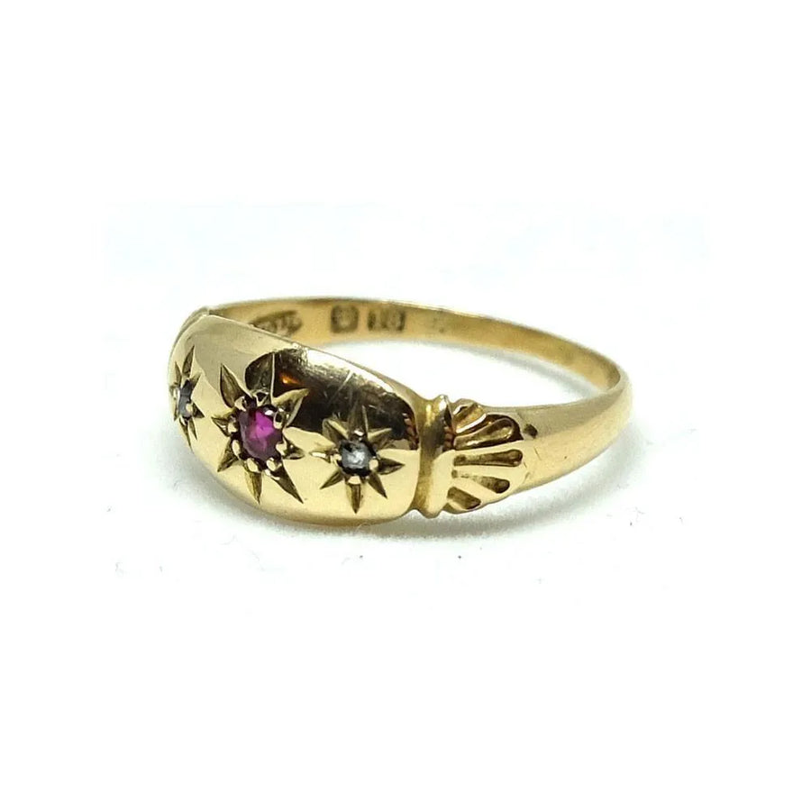 Antique Victorian Diamond & Ruby Gypsy 18ct Gold Ring - Mayveda Jewelry