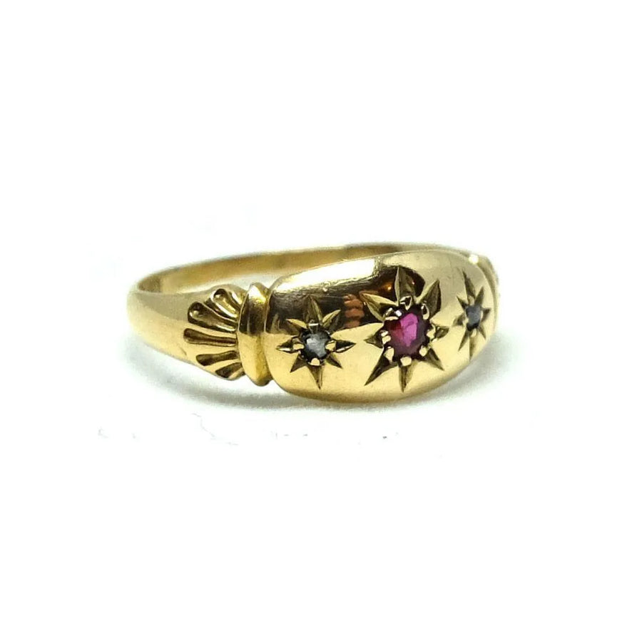 Antique Victorian Diamond & Ruby Gypsy 18ct Gold Ring - Mayveda Jewelry