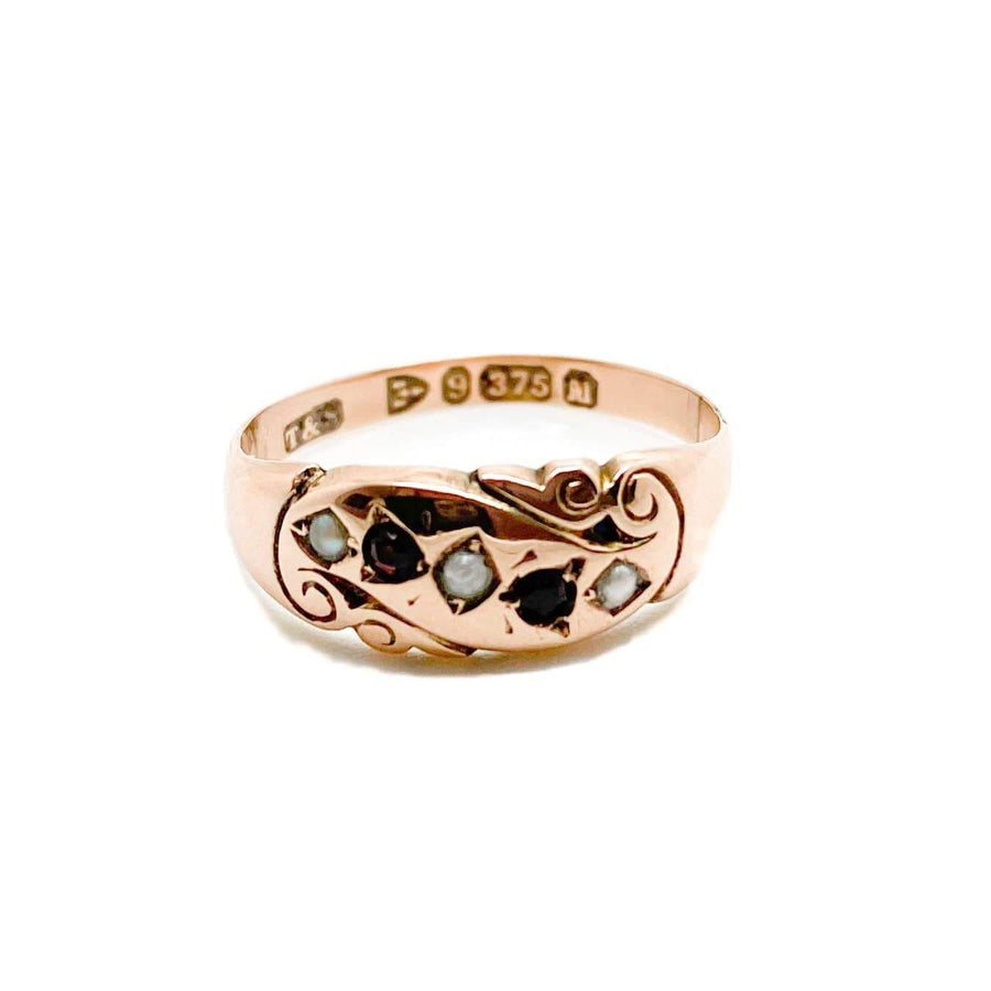 Antique Victorian 1895 Pearl Garnet 9ct Rose Gold Ring