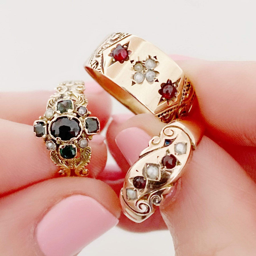 Antique Victorian Seed Pearl Garnet 10ct Yellow Gold Ring