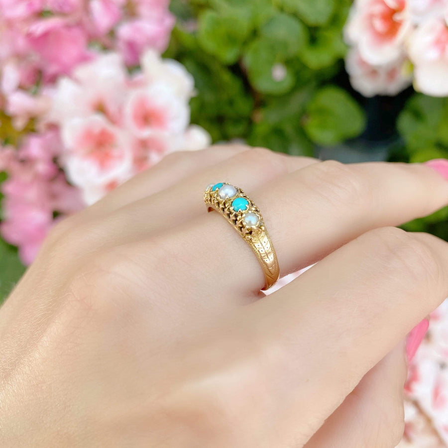 SOLD - Antique Victorian Turquoise Pearl 18ct Gold Ring