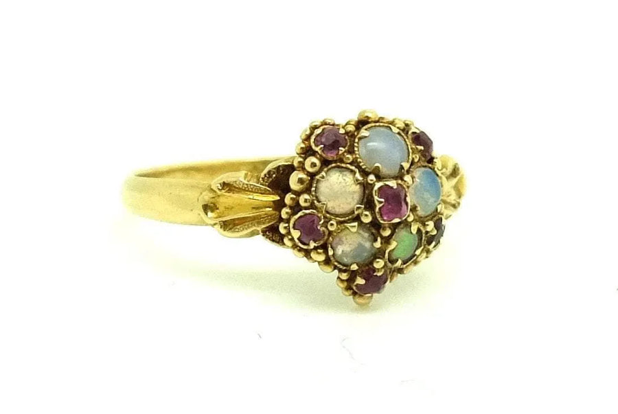 Victorian Opal and Ruby 18ct Yellow Gold Ring (Size: 0) - Mayveda Jewelry
