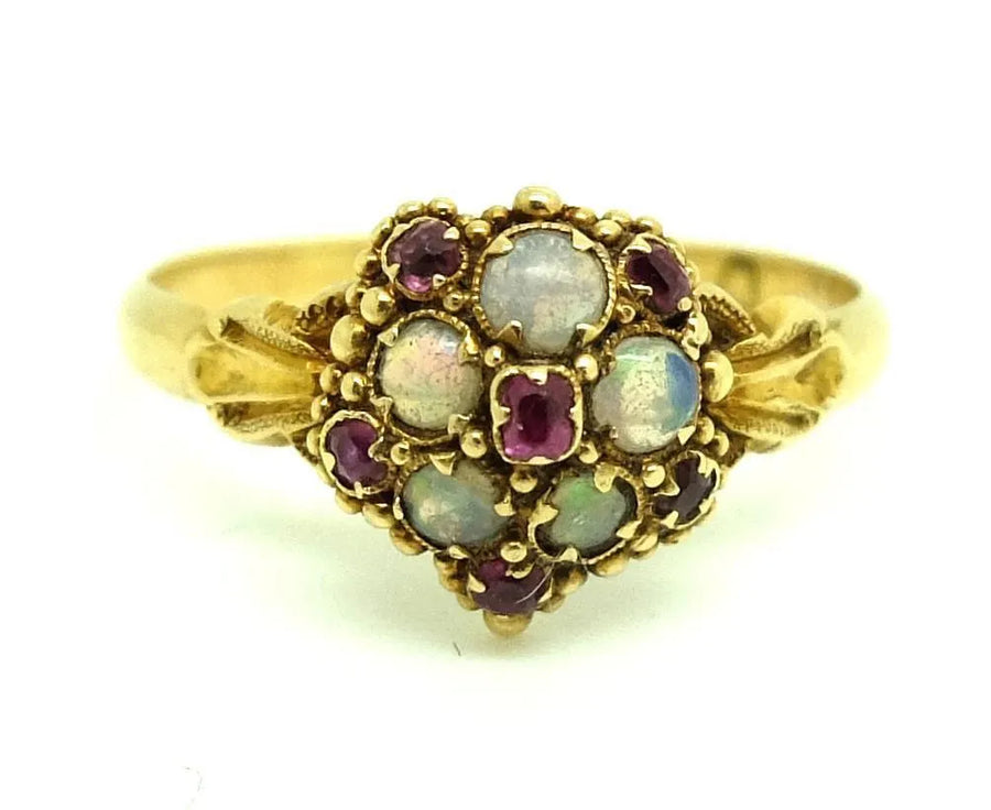 Victorian Opal and Ruby 18ct Yellow Gold Ring (Size: 0) - Mayveda Jewelry