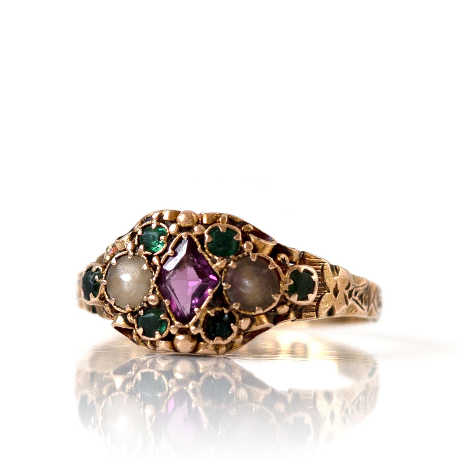 VICTORIAN Rings Antique Victorian 1873 Garnet Emerald 15ct Gold Ring Mayveda Jewellery