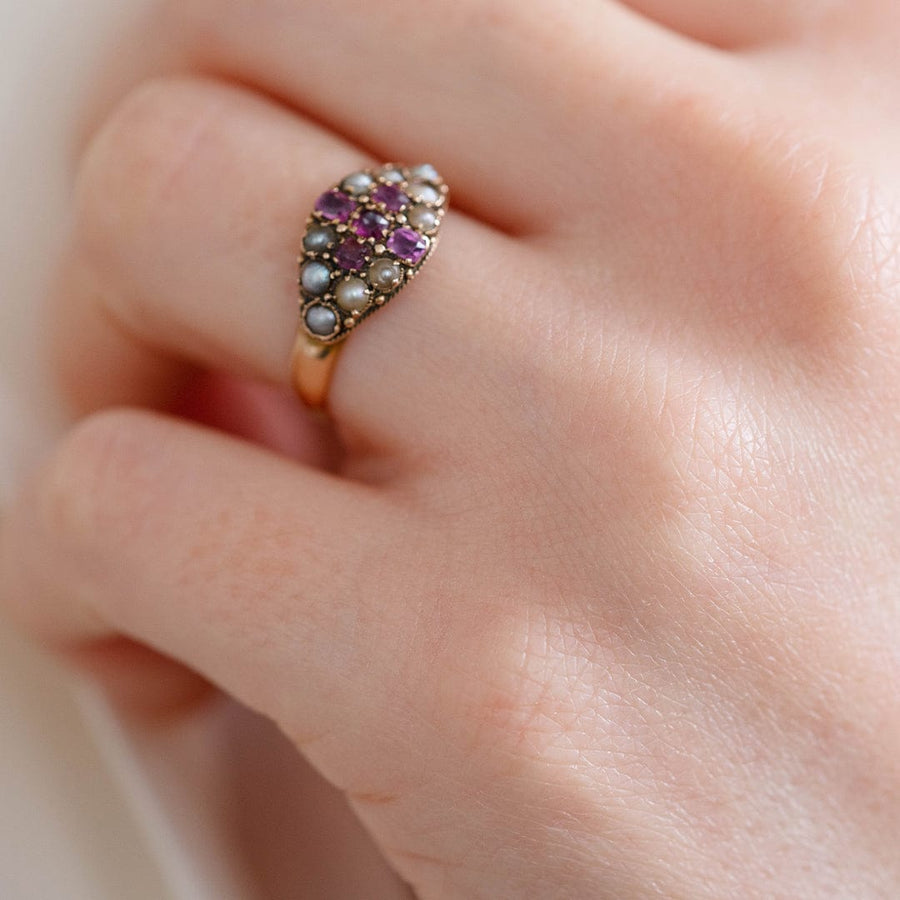 VICTORIAN Rings Antique Victorian 18ct Split Pearl Ruby Cross Ring Mayveda Jewellery