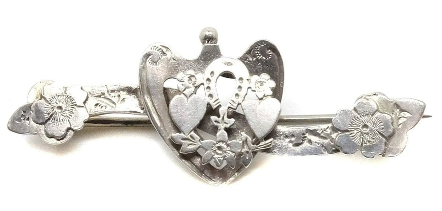 Victorian Silver Heart & Forget - Me - Not Brooch