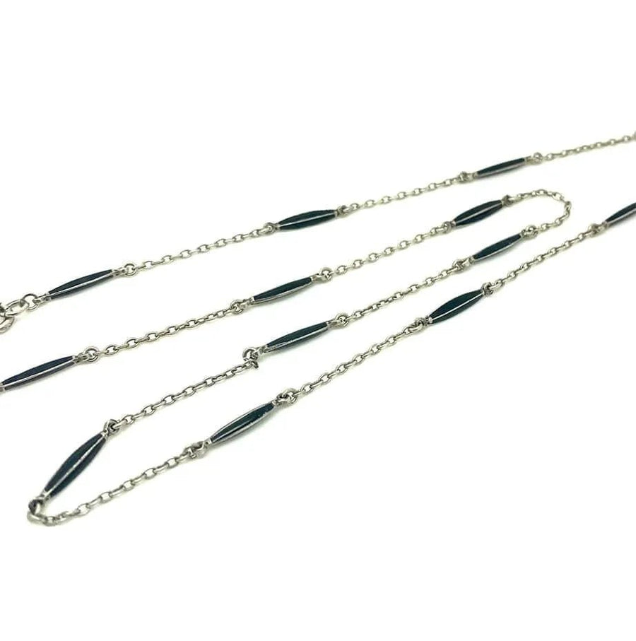 Vintage 1920s Art Deco Black Enamel & Silver Chain Necklace