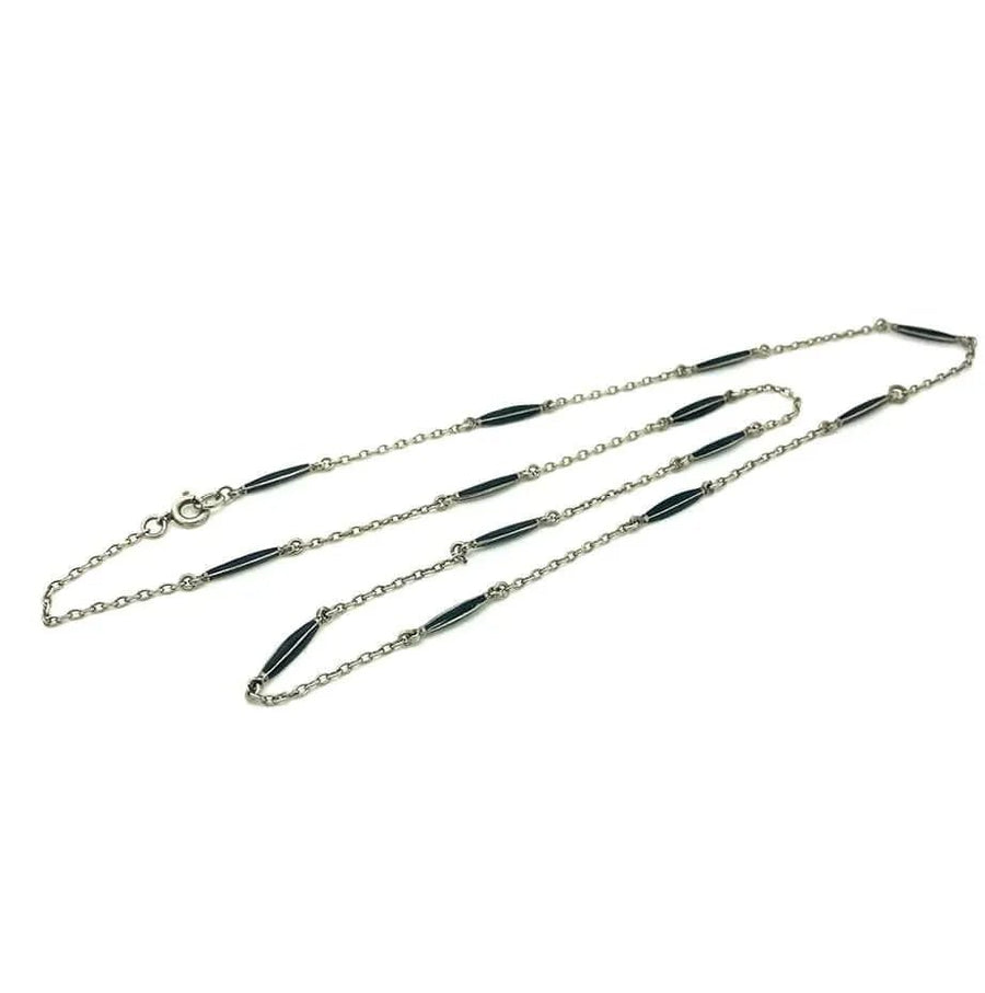 Vintage 1920s Art Deco Black Enamel & Silver Chain Necklace