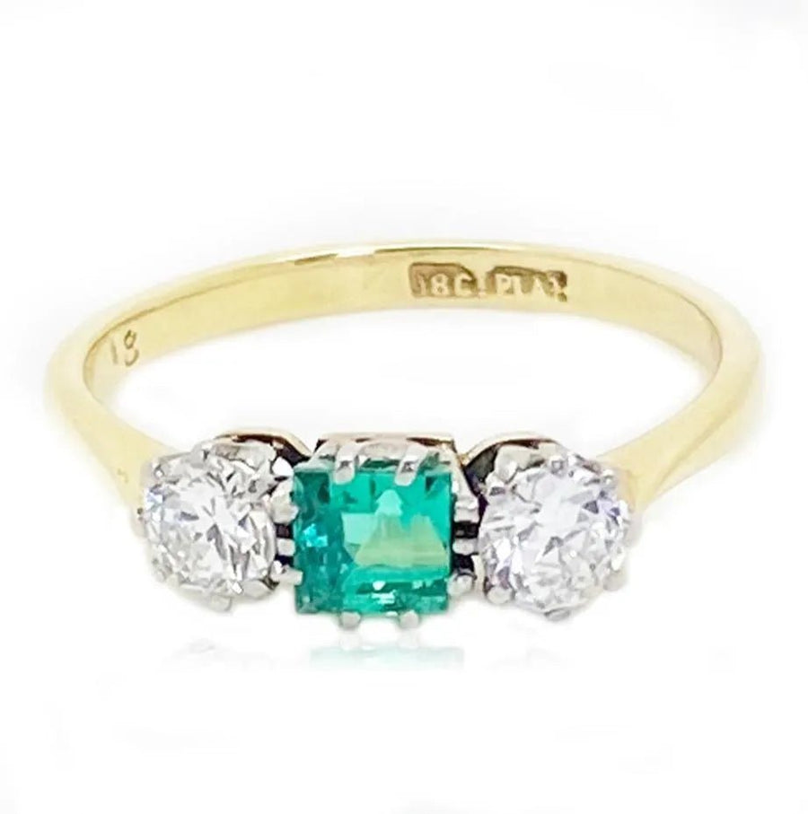 Vintage 1930s Emerald Diamond 18ct Gold Platinum Ring