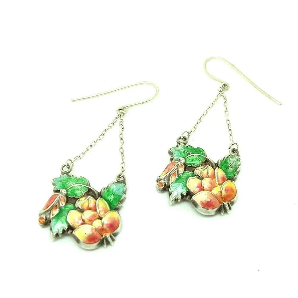 Vintage 1930s Enamel Flower Silver Drop Earrings, view 5