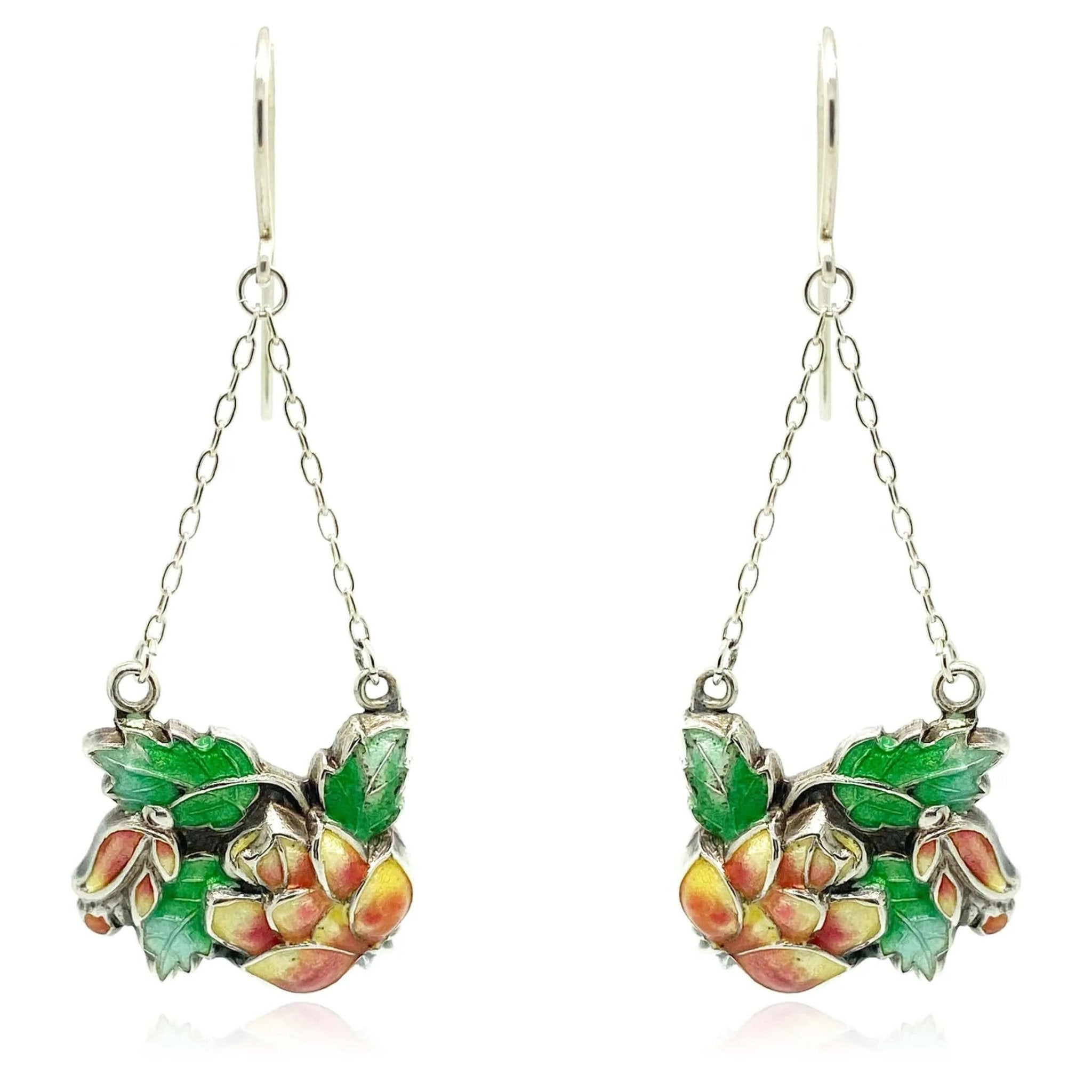 Vintage 1930s Enamel Flower Silver Drop Earrings, view 7