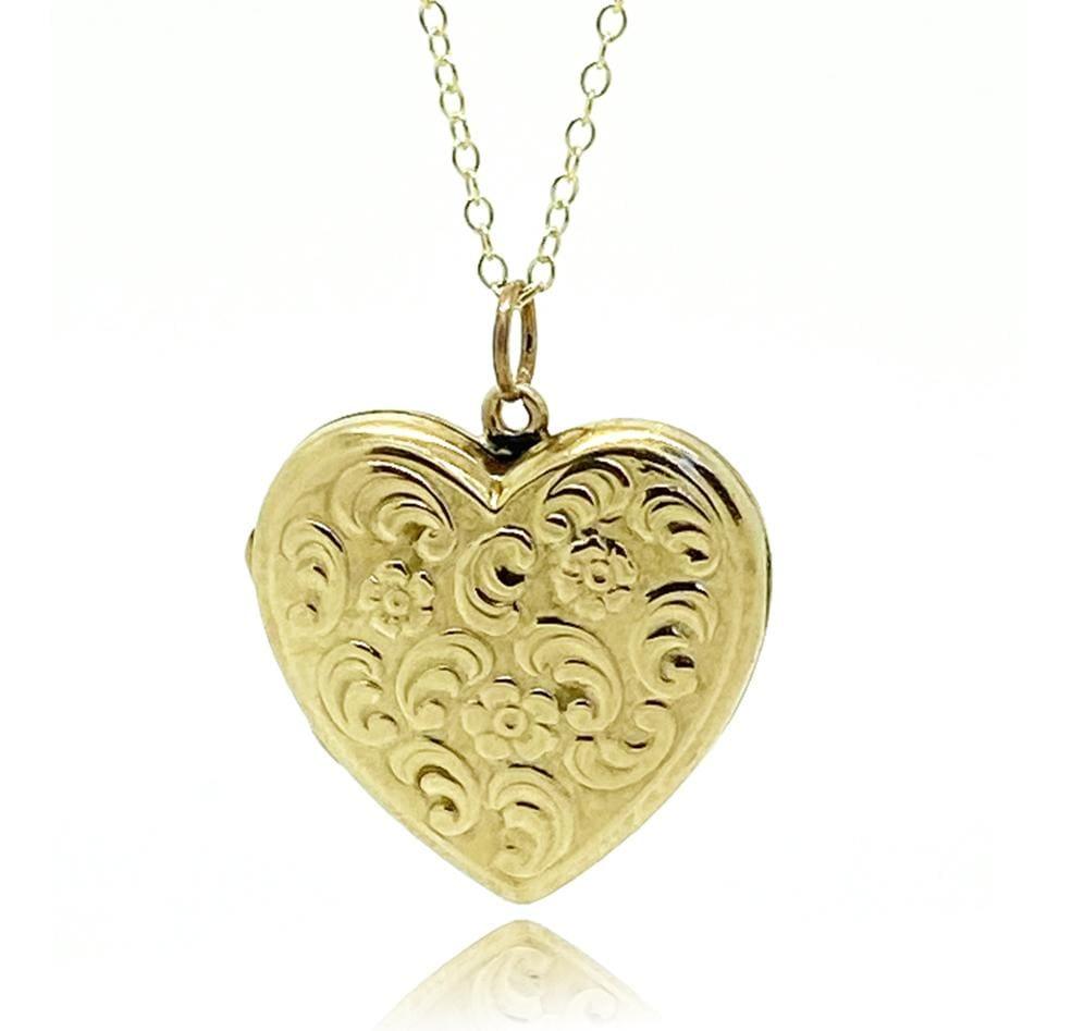 Vintage 1930s Forget-Me-Not 9ct Gold Heart Locket Necklace
