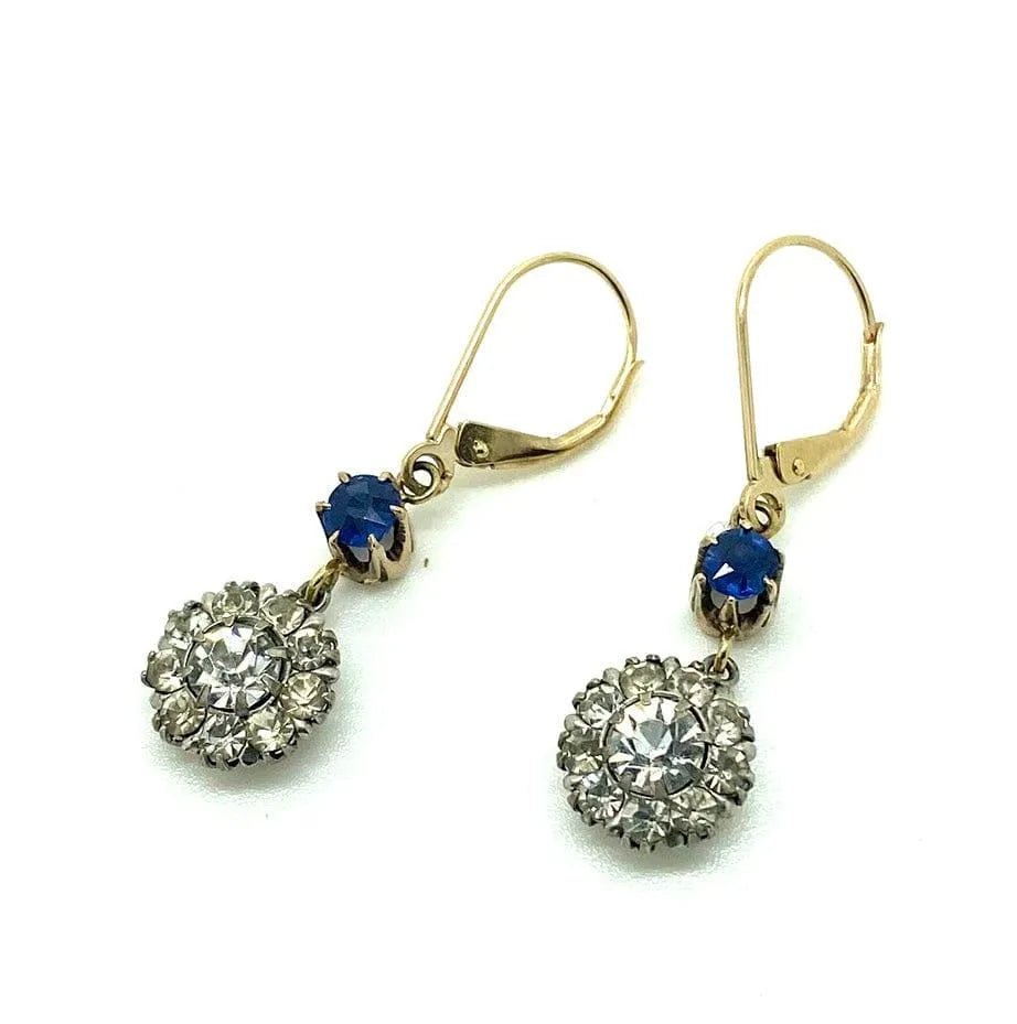 Vintage 1930s Sapphire Paste Gold Drop Earrings, view 4