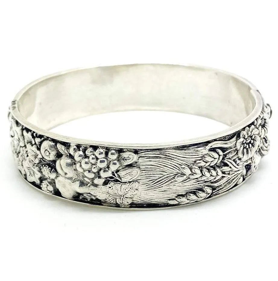 Vintage 1940s Repoussé Harvest Silver Bangle Bracelet, view 3