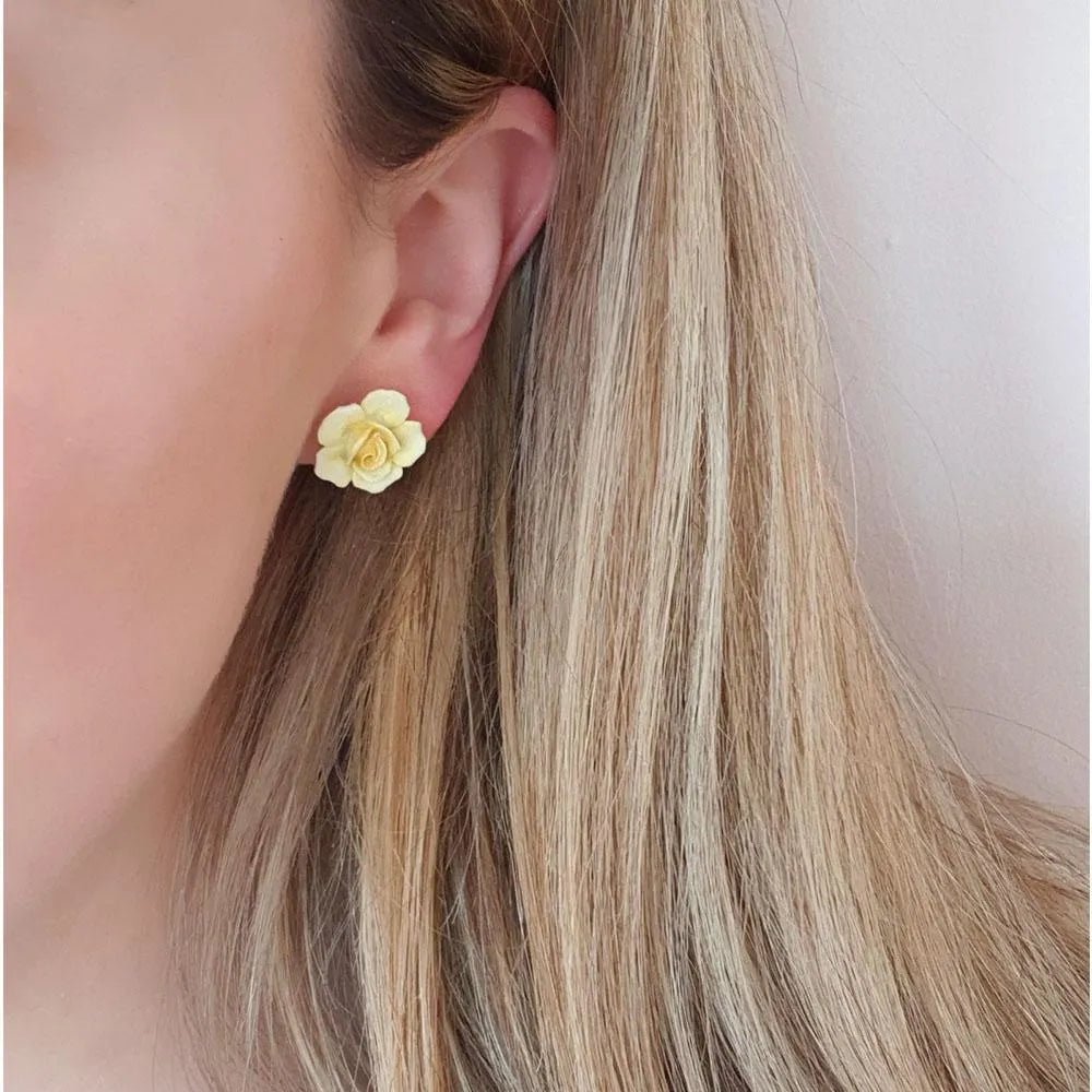 Vintage 1940s Yellow Porcelain Flower Pieced Earrings, view 2