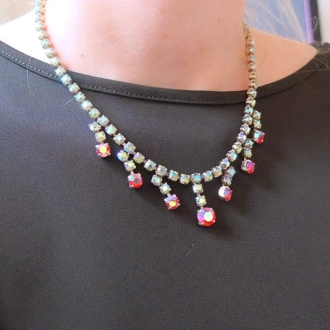 Vintage 1950s Aurora Borealis Drop Necklace, view 2