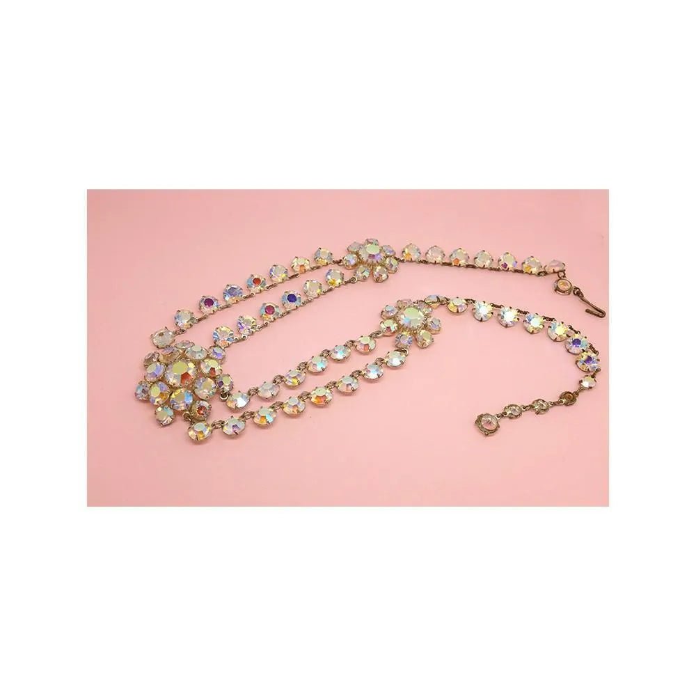 Vintage 1950's Aurora Borealis Three Flower Necklace, view 3