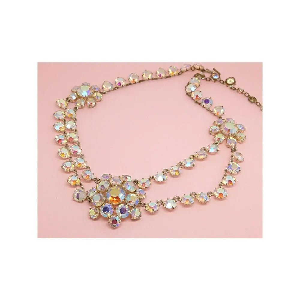 Vintage 1950's Aurora Borealis Three Flower Necklace, view 5