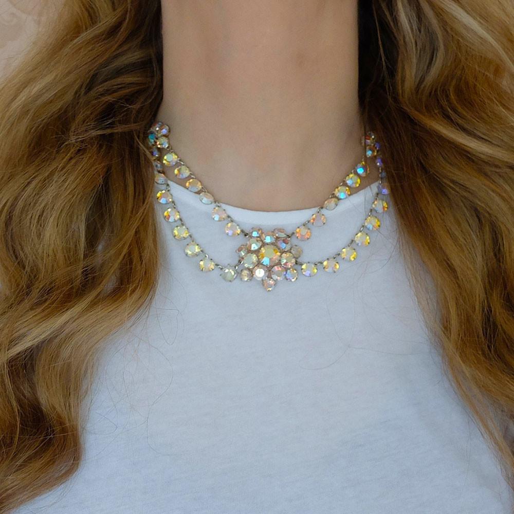 Vintage 1950's Aurora Borealis Three Flower Necklace, view 2