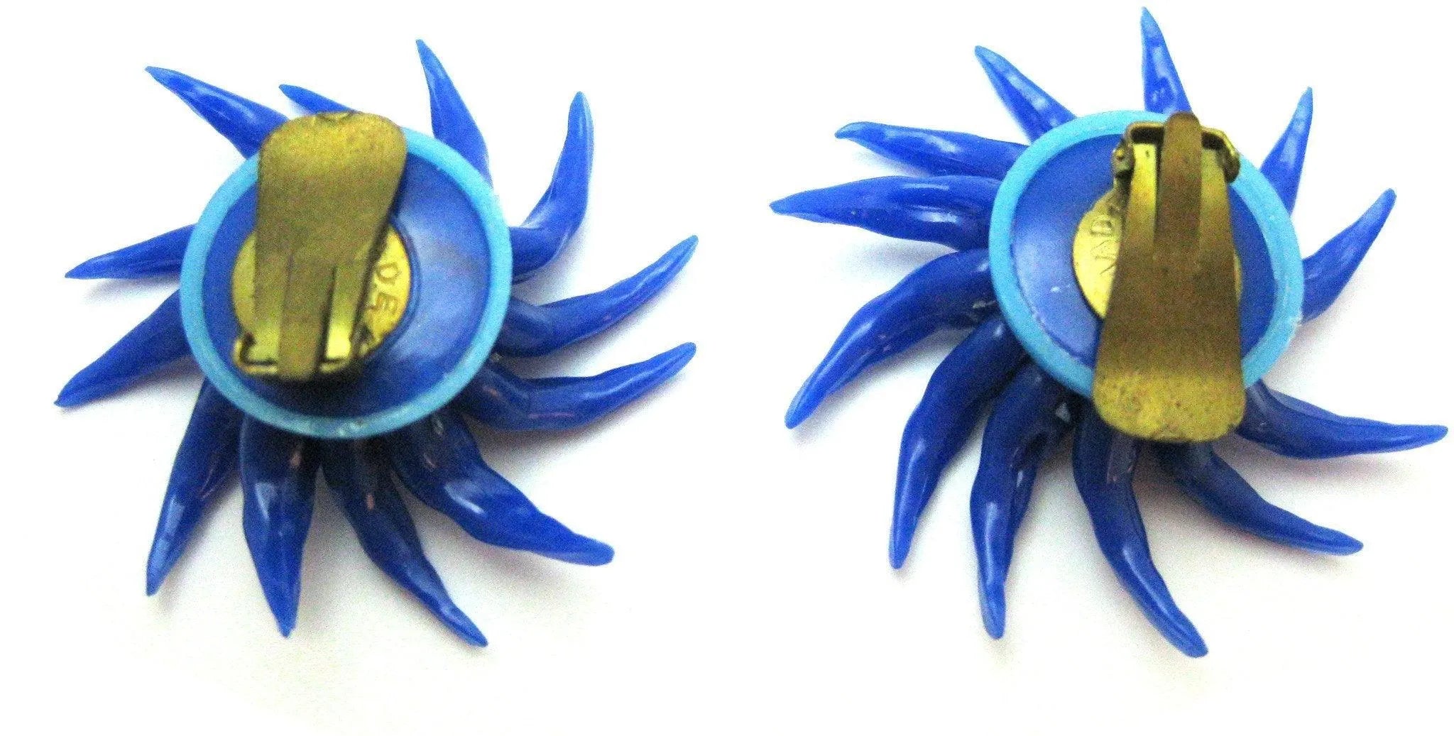Vintage 1950s Blue Flower Clip Earrings, view 3