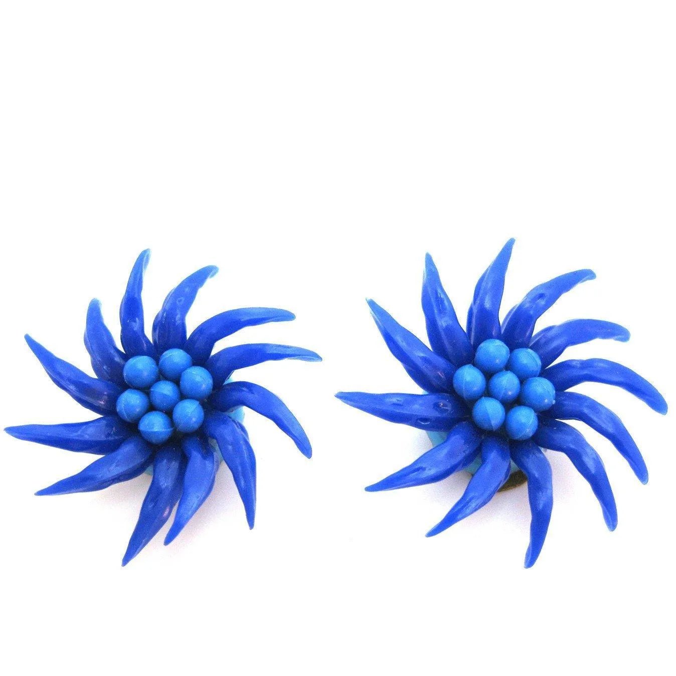 Vintage 1950s Blue Flower Clip Earrings, view 2
