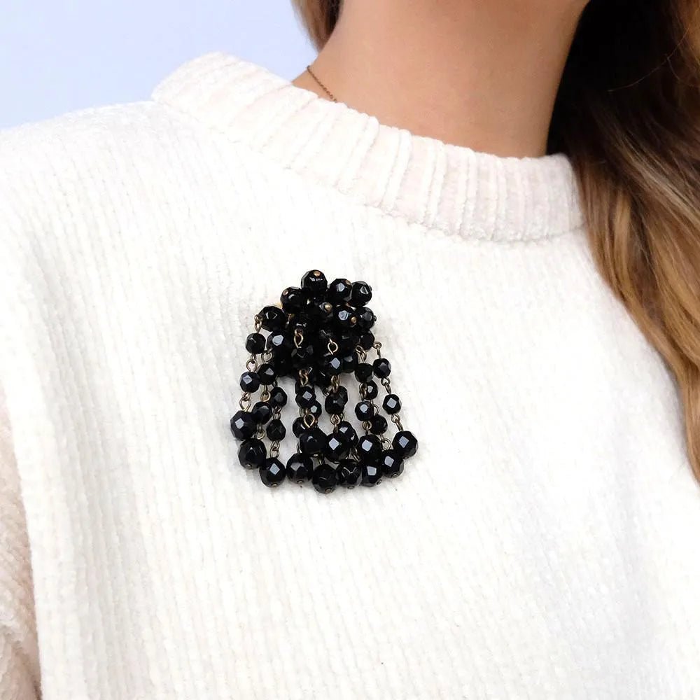 Vintage 1950s Cascade Beaded Black Brooch, view 2