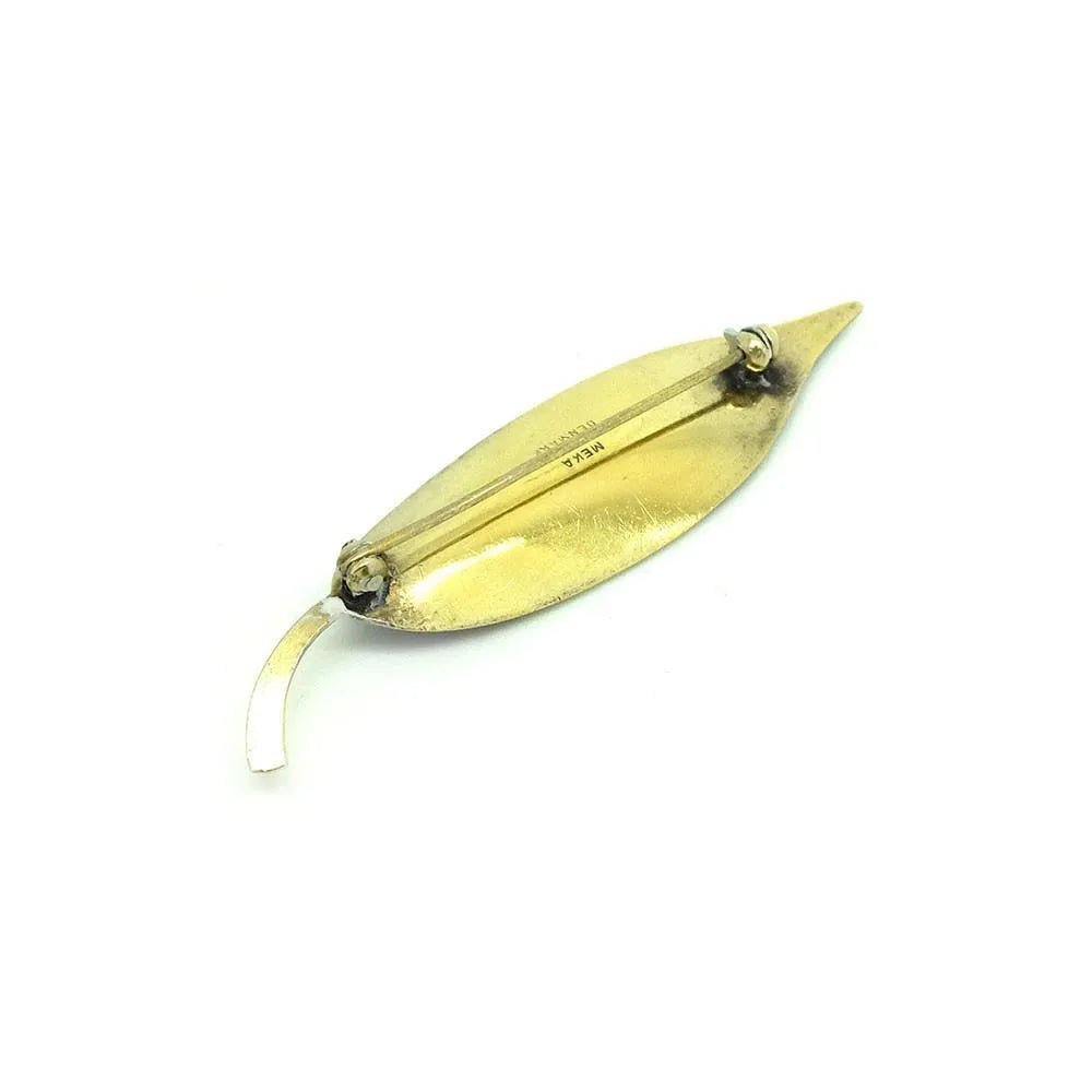 Vintage 1950s Danish Meka Silver Gilt Blue Enamel Leaf Brooch Pin, view 2