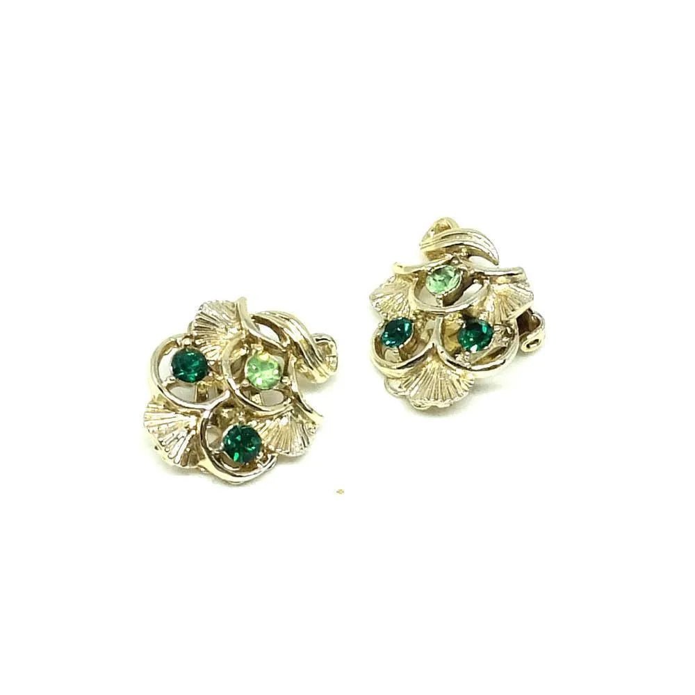 Vintage 1950s Diamante Green Fan Earrings, view 3