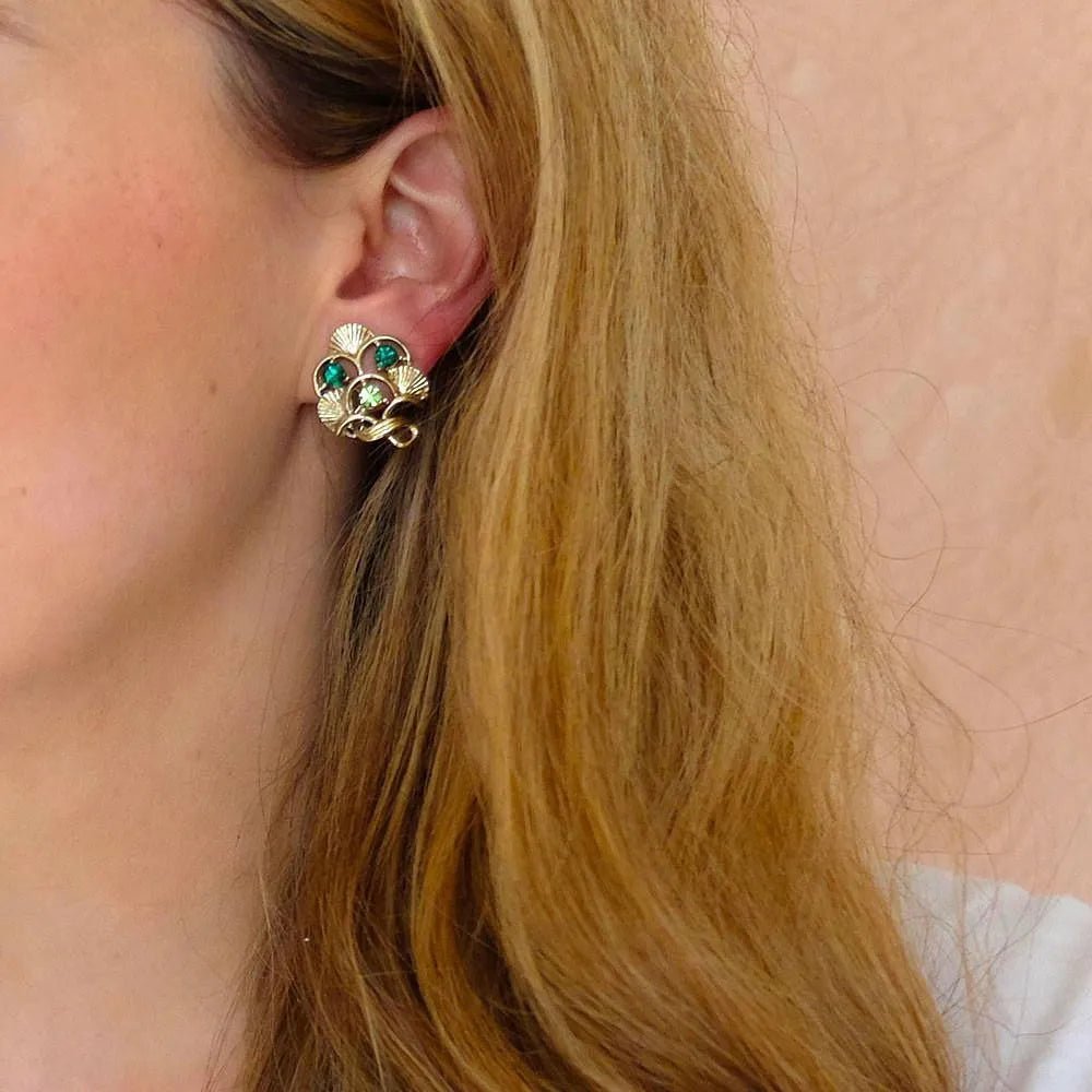 Vintage 1950s Diamante Green Fan Earrings, view 2