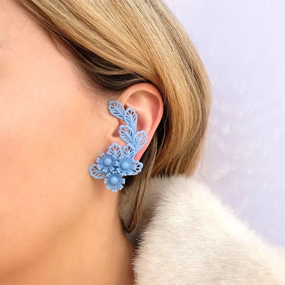 Pendientes de clip de oruga azul floral vintage de los años 50, view 3
