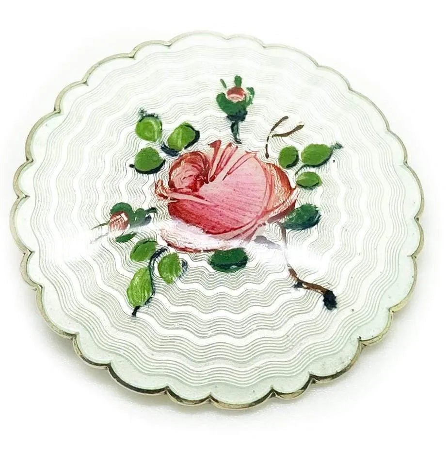 Vintage 1950s Guilloche Silver Rose Enamel Flower Brooch, view 3